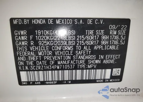 2023 Honda Hr-V Lx z USA, uszkodzony, nr VIN 3CZRZ1H34PM710537